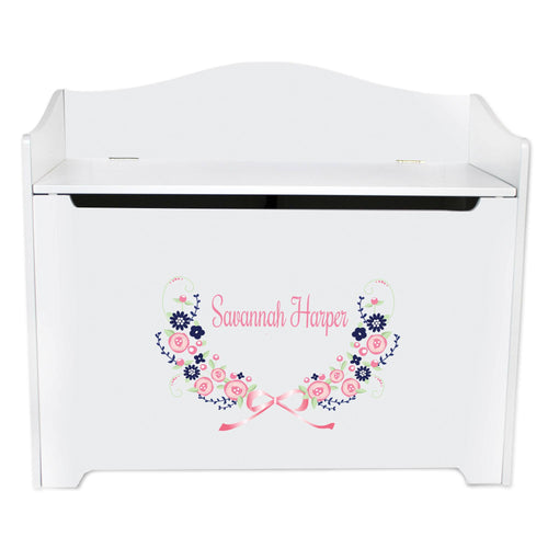 White Wooden Toy Box Bench with Navy Pink Floral Garland design