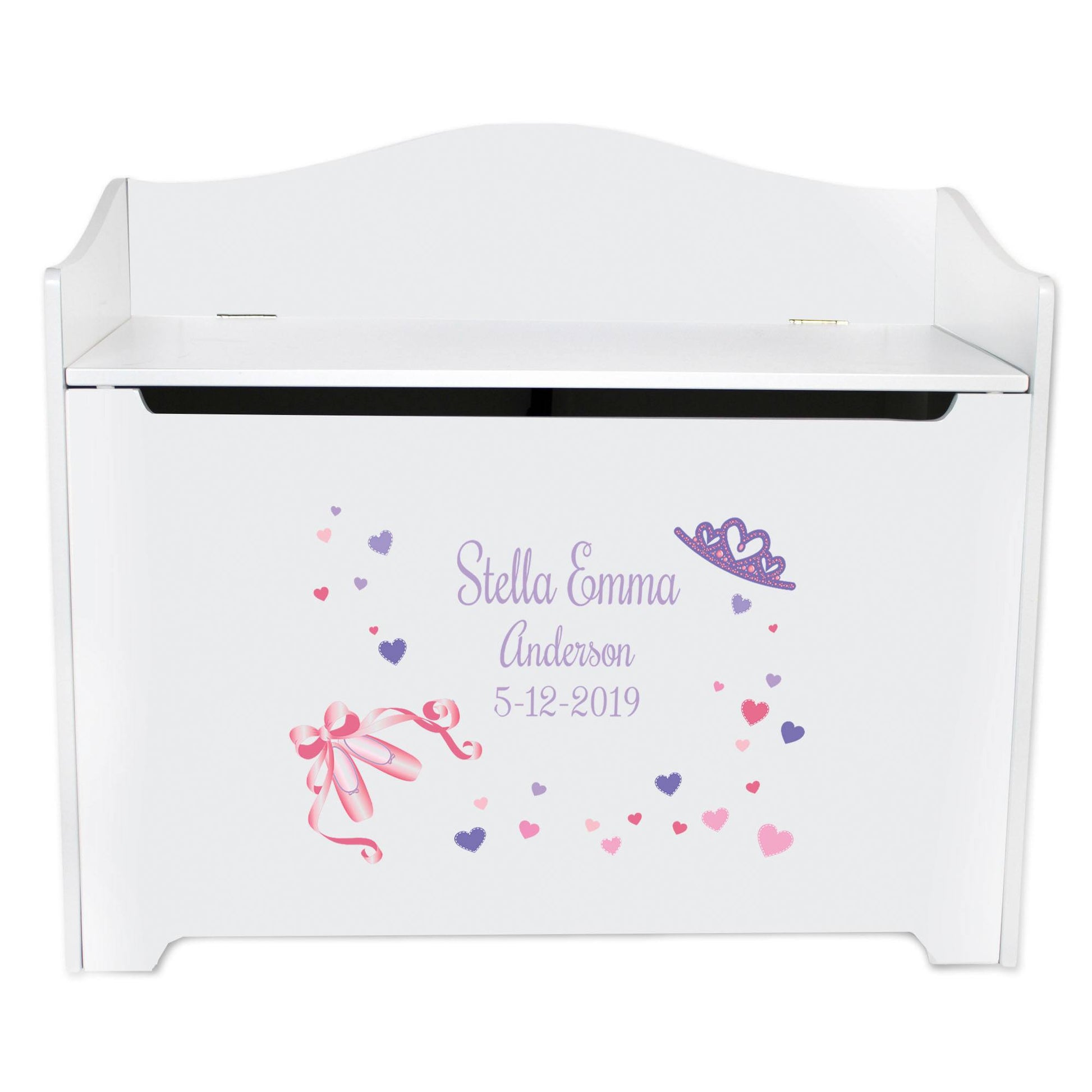 White Wooden Toy Box Bench with Ballet Princess design