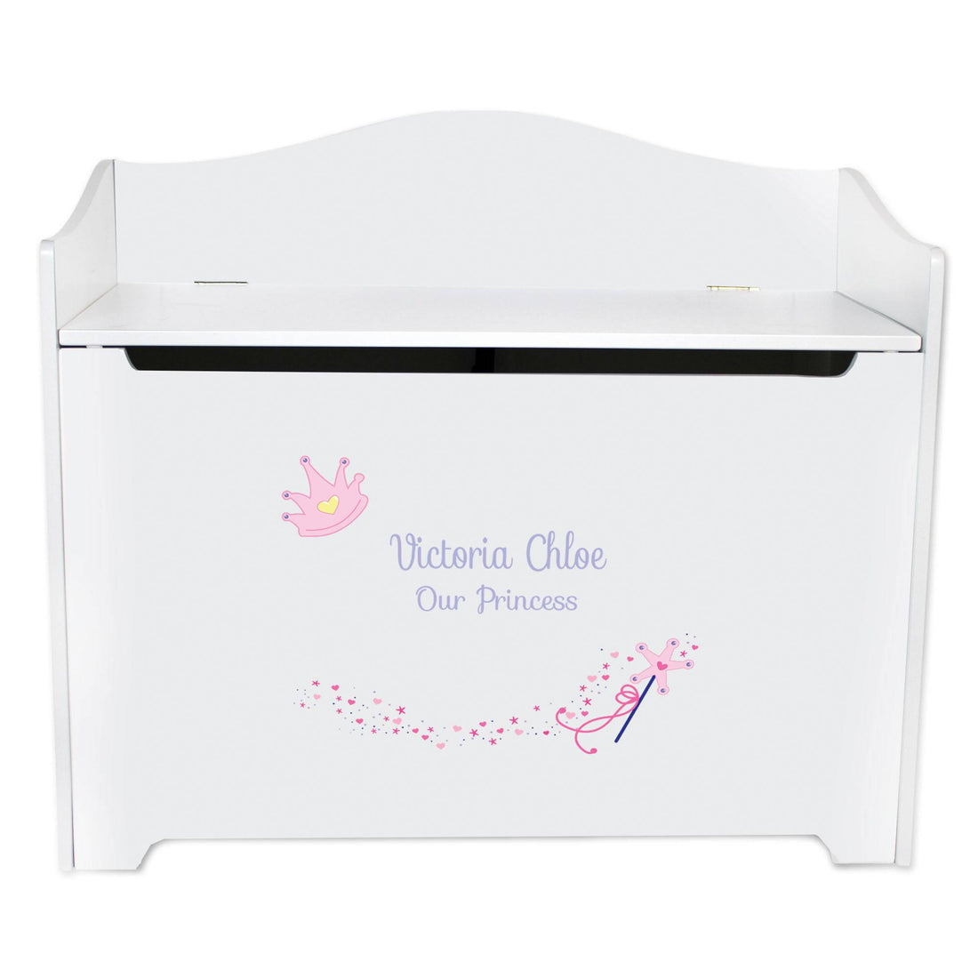White Wooden Toy Box Bench with Fairy Princess design