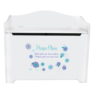 White Wooden Toy Box Bench with Florascope design