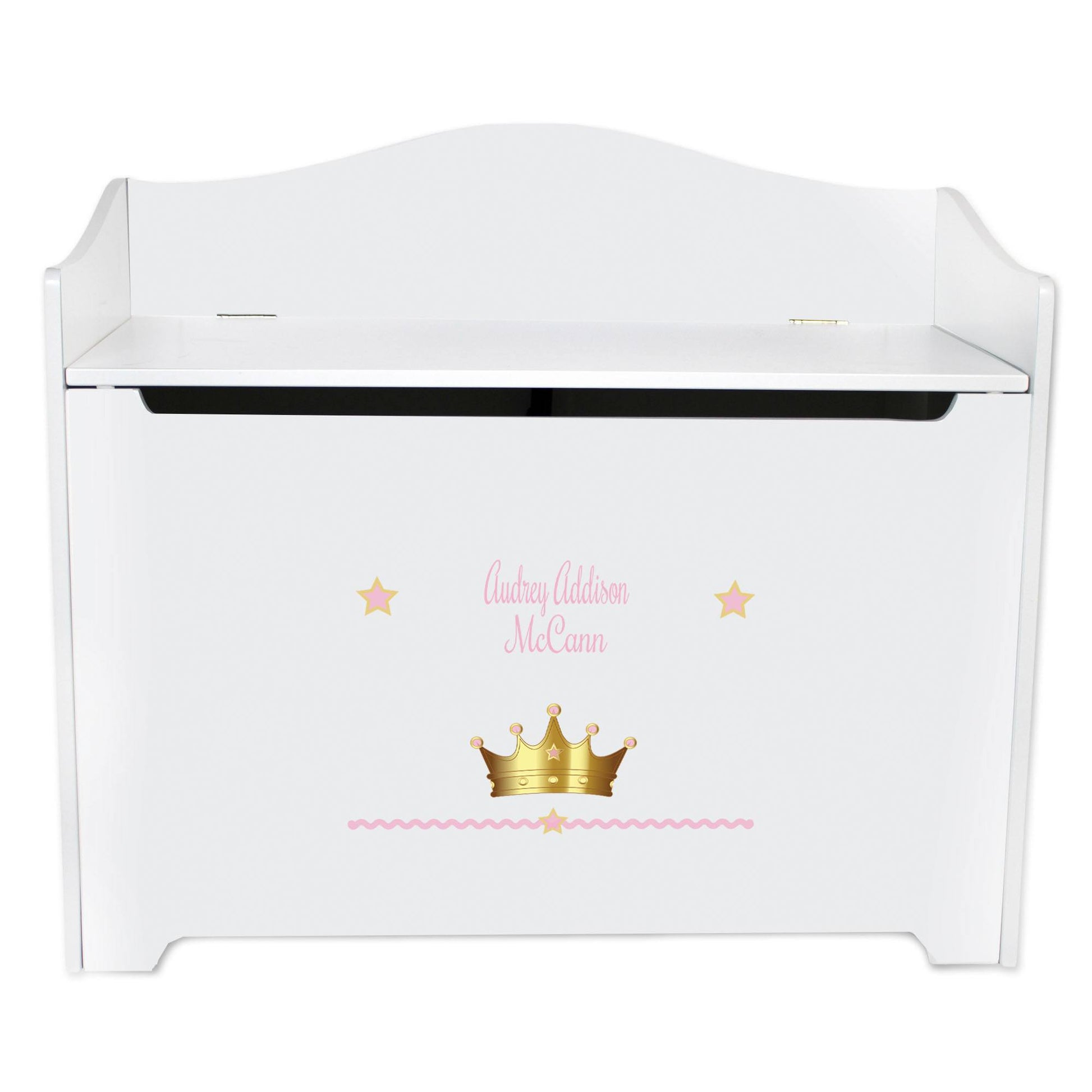 White Wooden Toy Box Bench with Pink Princess Crown design