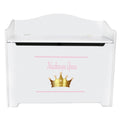 White Wooden Toy Box Bench with Pink Princess Crown design
