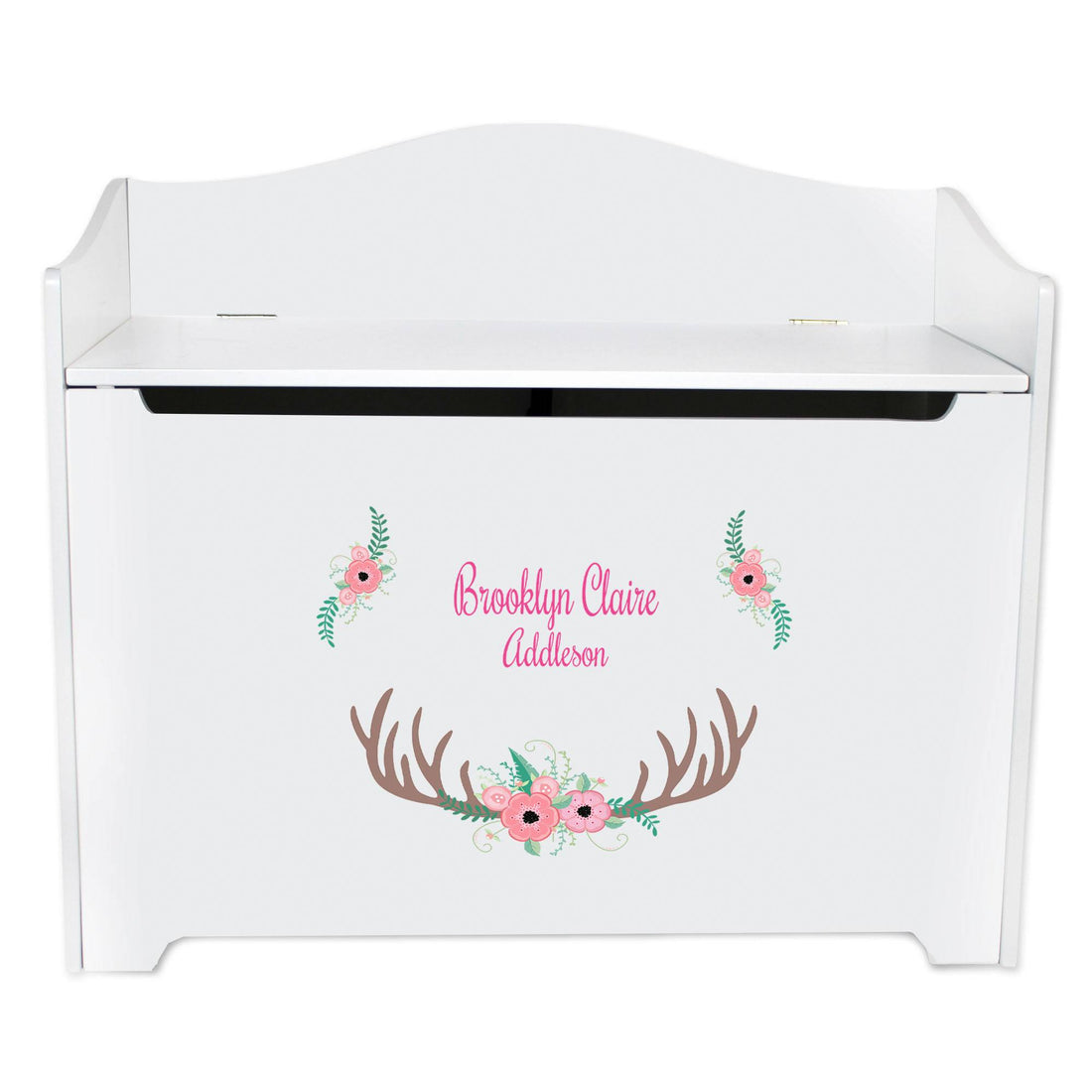 White Wooden Toy Box Bench with Floral Antler design