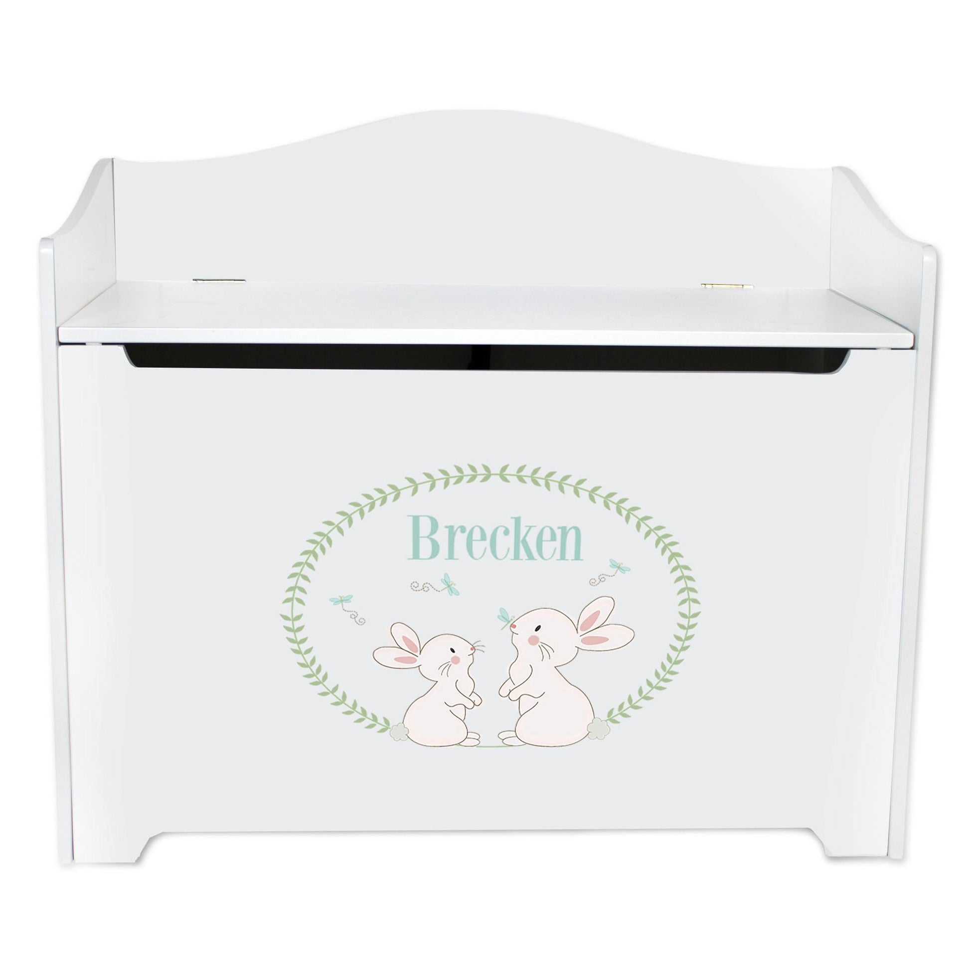 White Wooden Toy Box Bench with Classic Bunny design