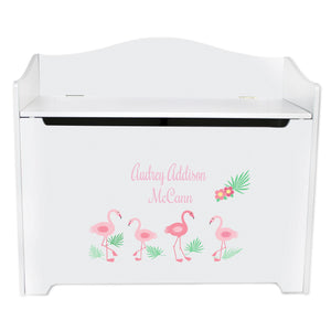White Wooden Toy Box Bench with Palm Flamingo design