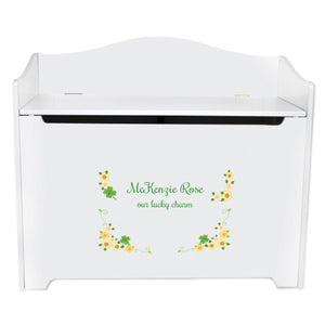 White Wooden Toy Box Bench with Shamrock design