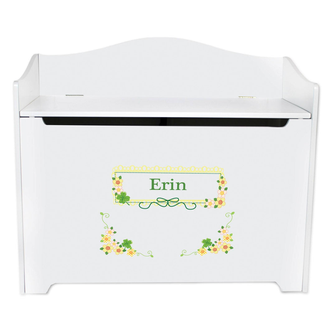 White Wooden Toy Box Bench with Shamrock design