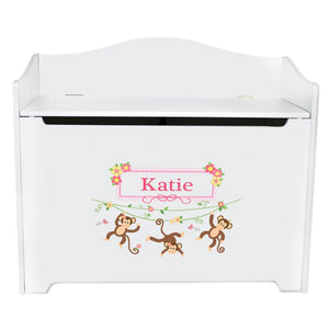 White Wooden Toy Box Bench with Monkey Girl design