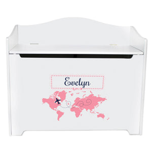 White Wooden Toy Box Bench with World Map Pink design